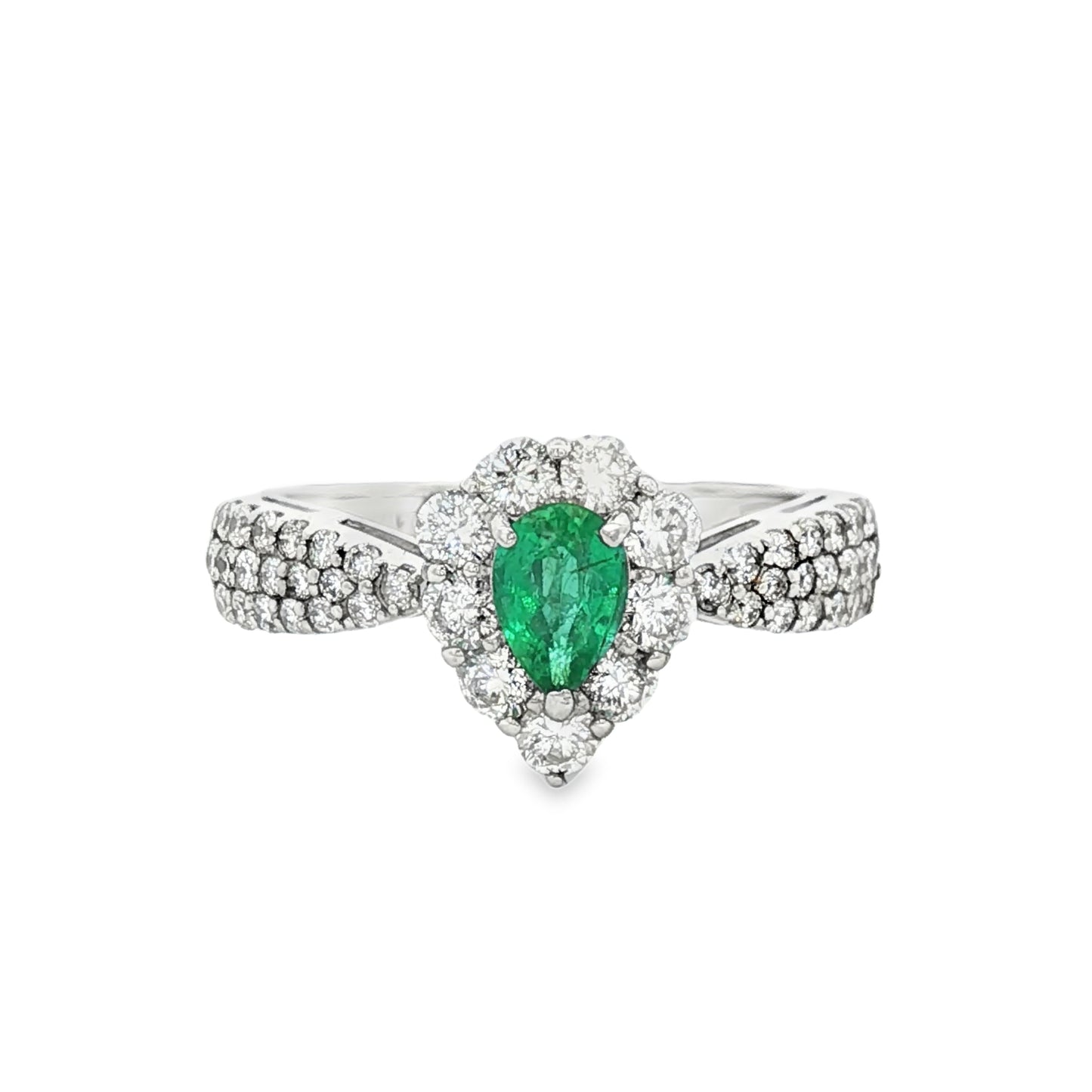 ペアシェイプのエメラルドとプラチナのダイヤモンドのマルチストーンリング